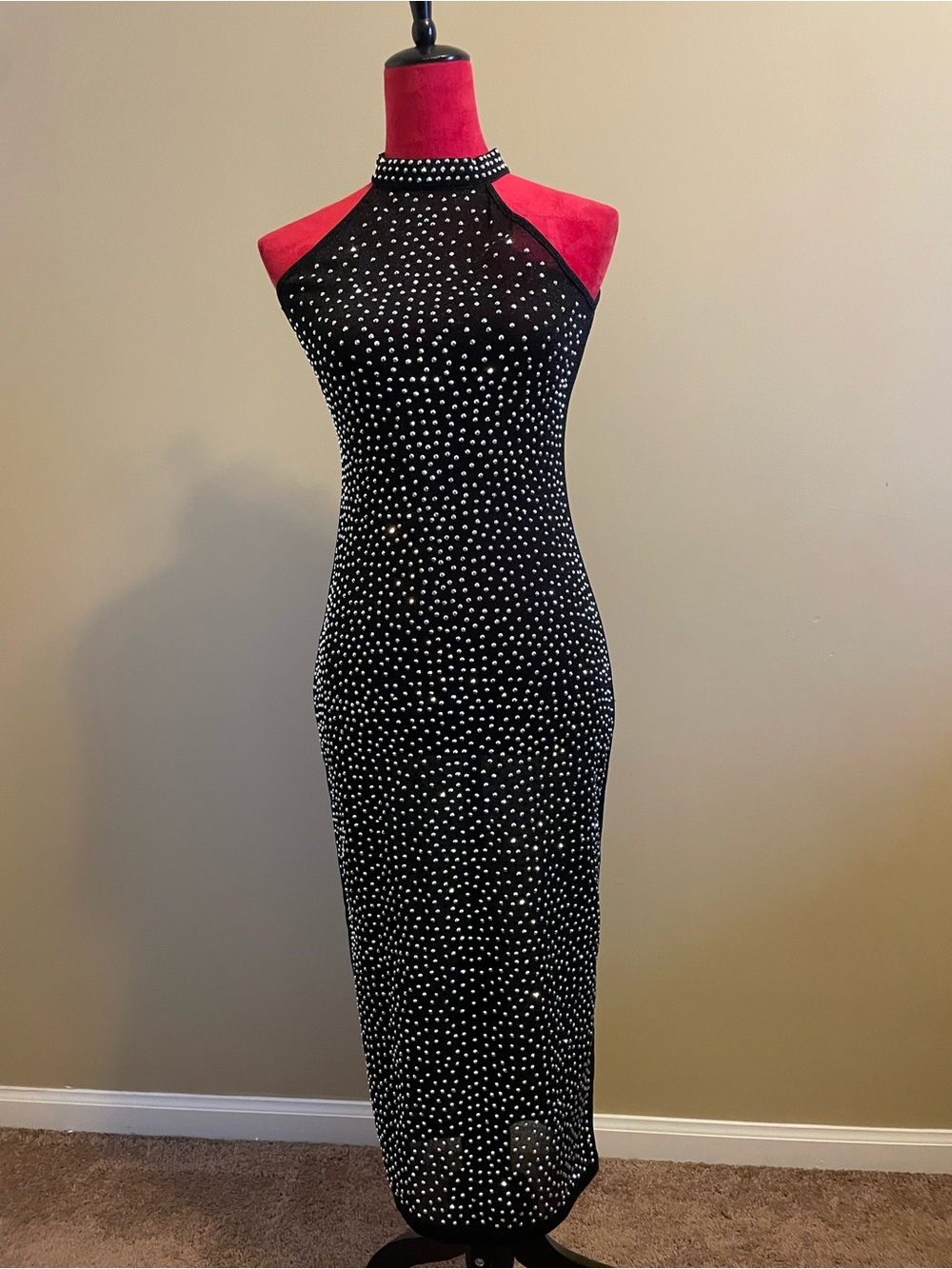 Black Halter Maxi Dress with Silver Stud Detail